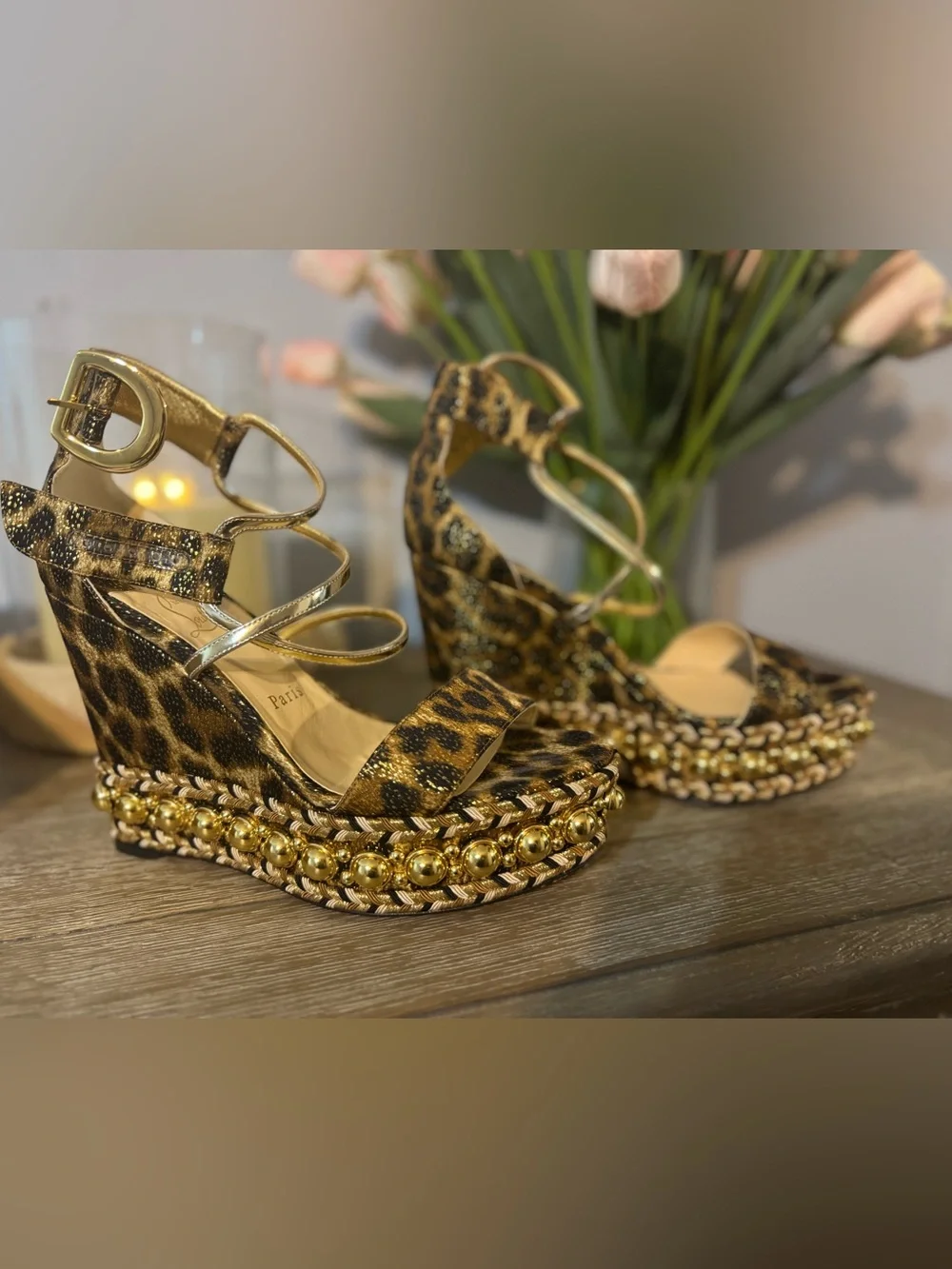 Christian Louboutin Leopard Print Wedge Sandals with Gold Accents